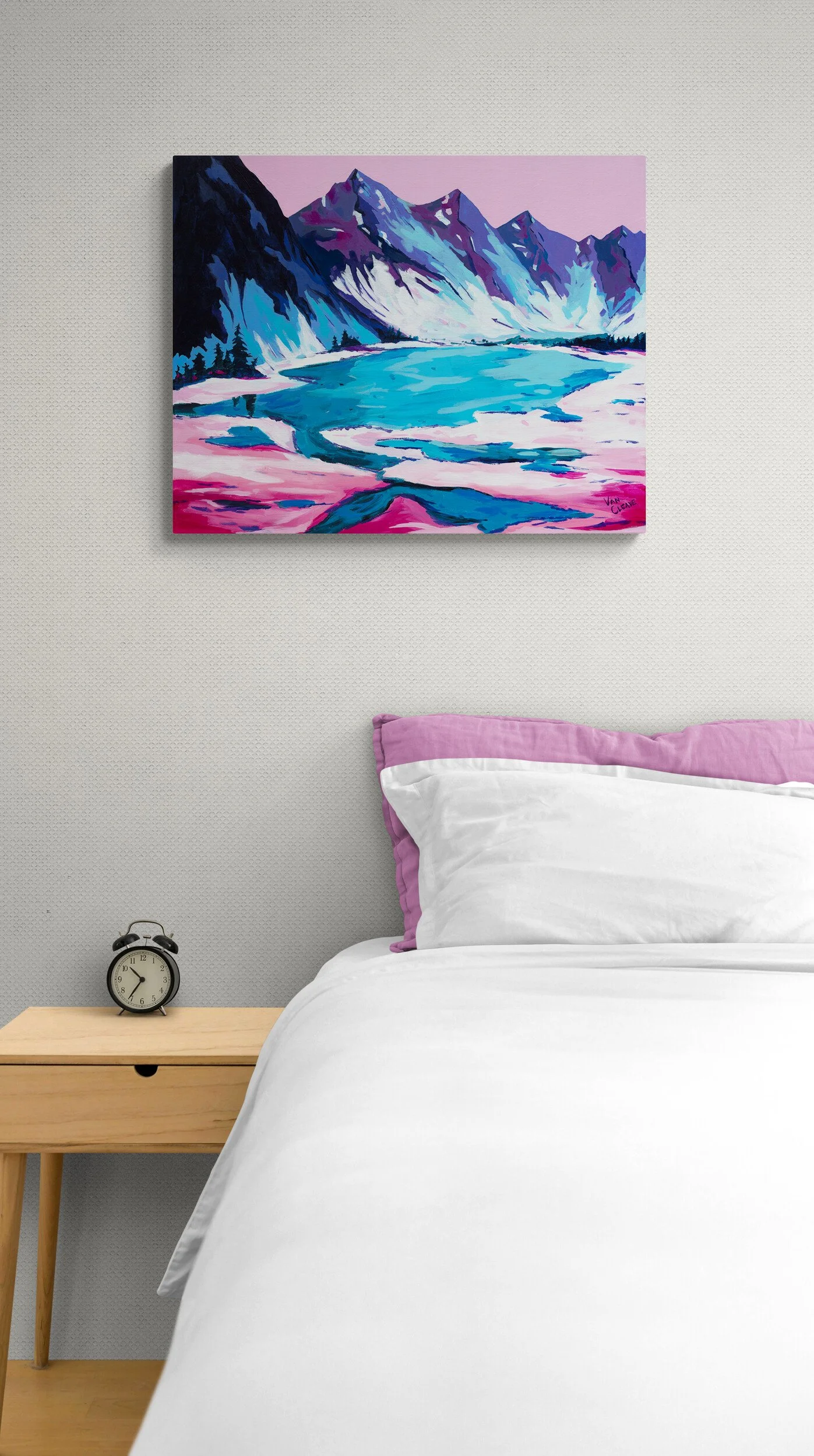 Winter Alpine Lake Painting in Bedroom Caley Van Cleave