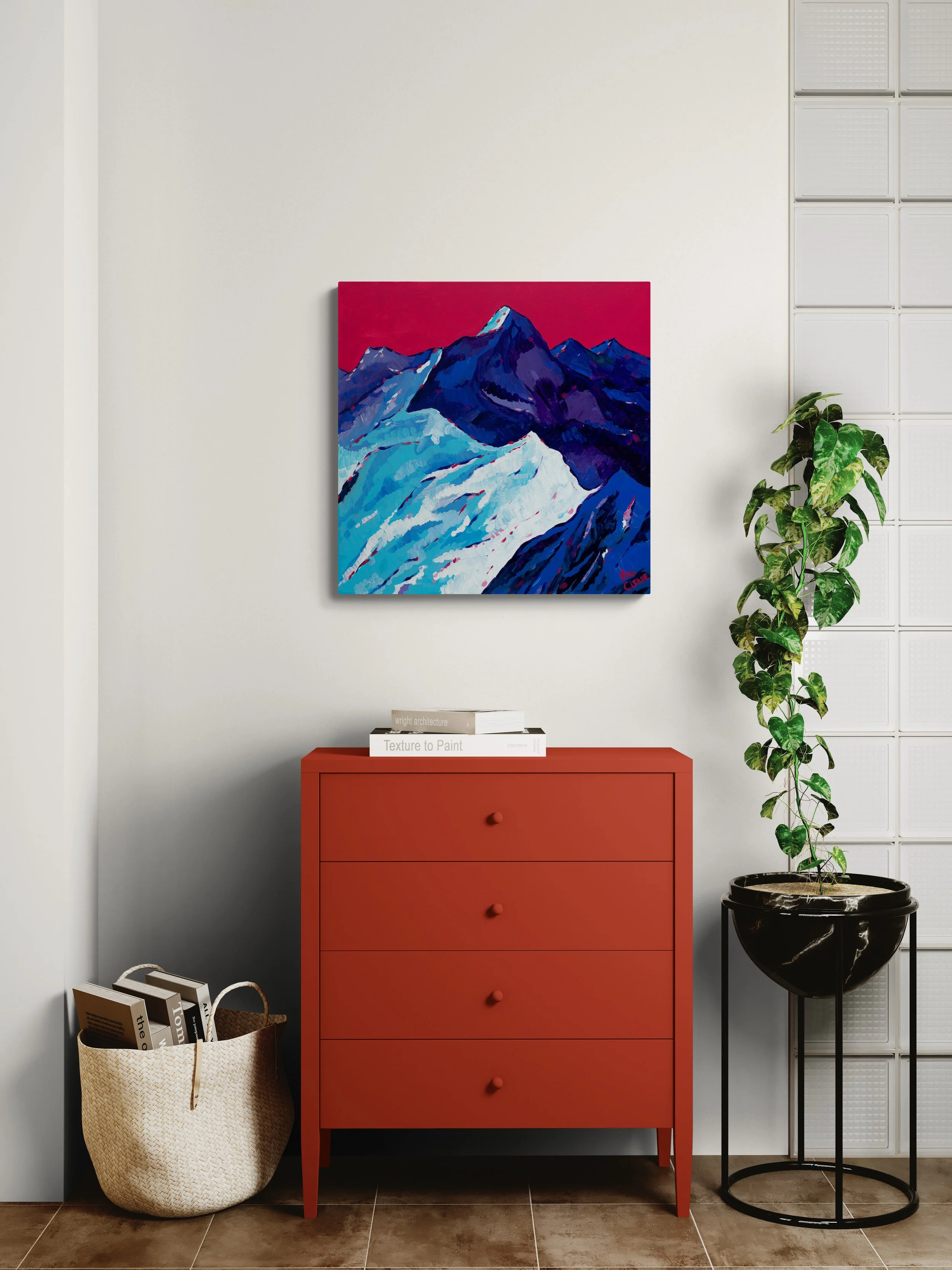 Annapurna Range in Snow Painting Above Red Dresser