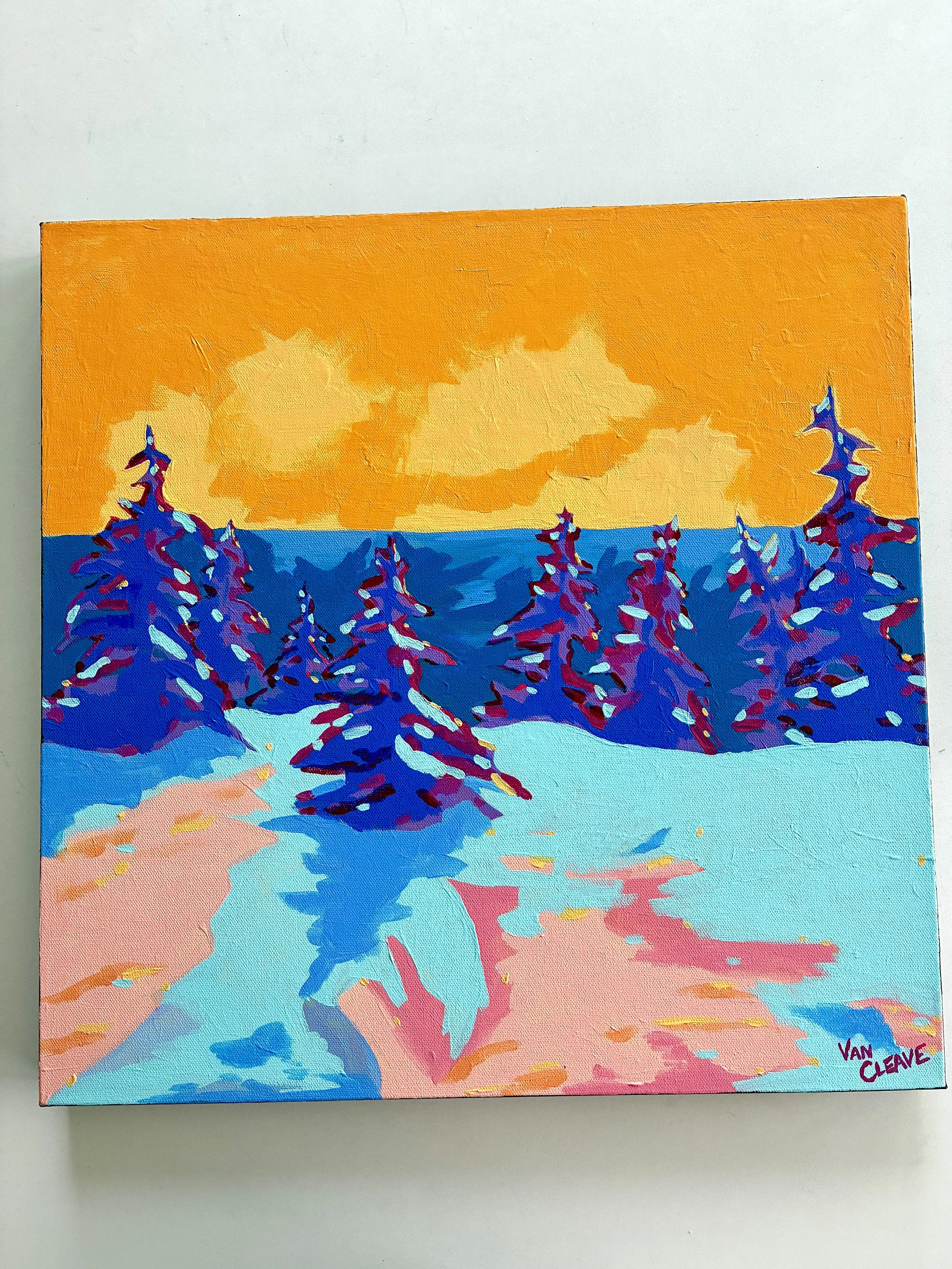 Sunset Nordic Ski Painting White Background Caley Van Cleave