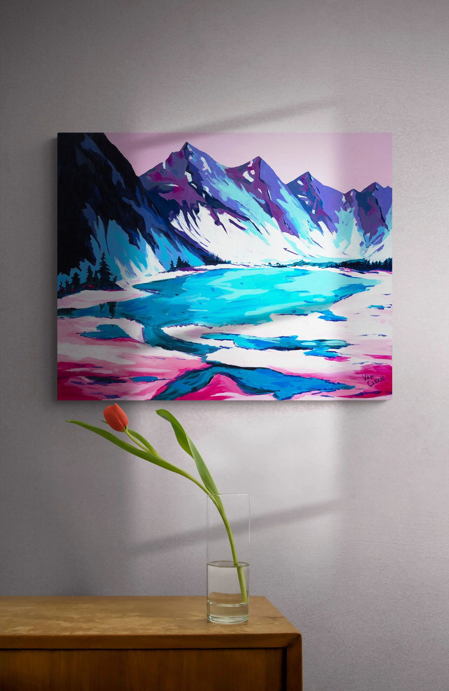Winter Alpine Lake Painting Tulip Vase Caley Van Cleave