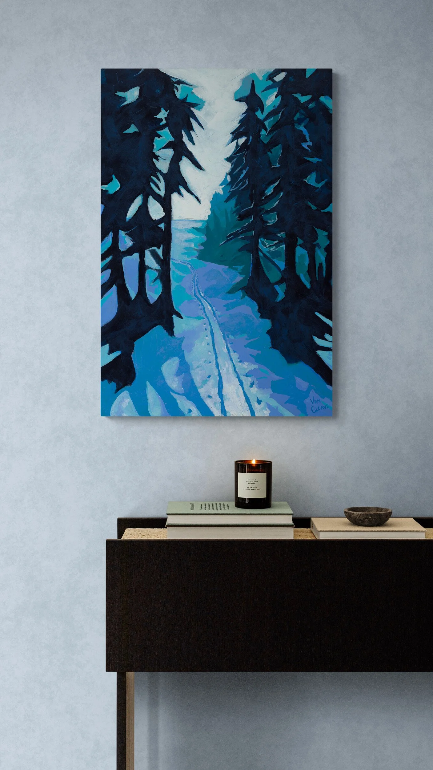 Spruce Creek Evening Ski Painting Over Black Buffet Side Table