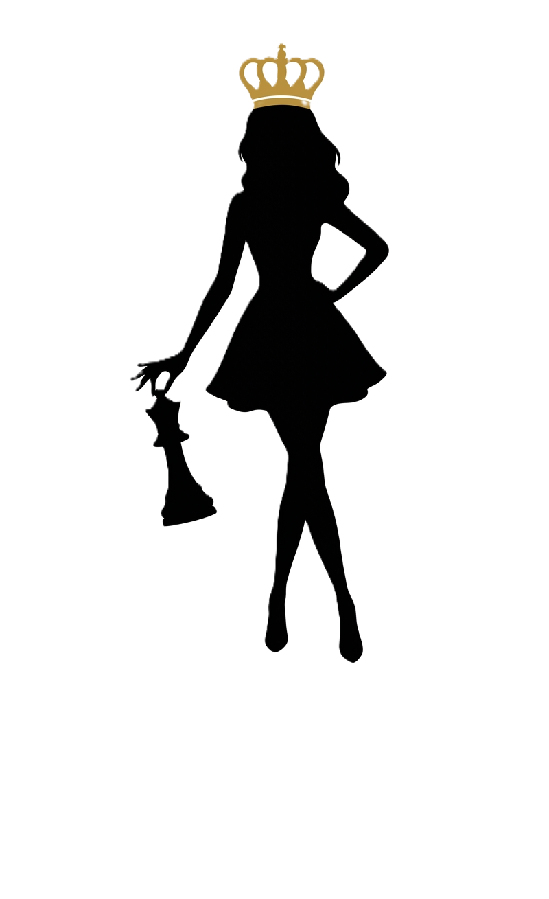 Silhouette of a woman wearing a crown, holding a chess queen piece.