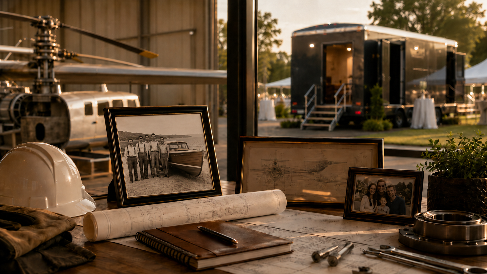A table with framed photographs, a white construction helmet, rolled architectural plans, a notebook, and various tools, with a vintage helicopter and a black trailer in the background at sunset.