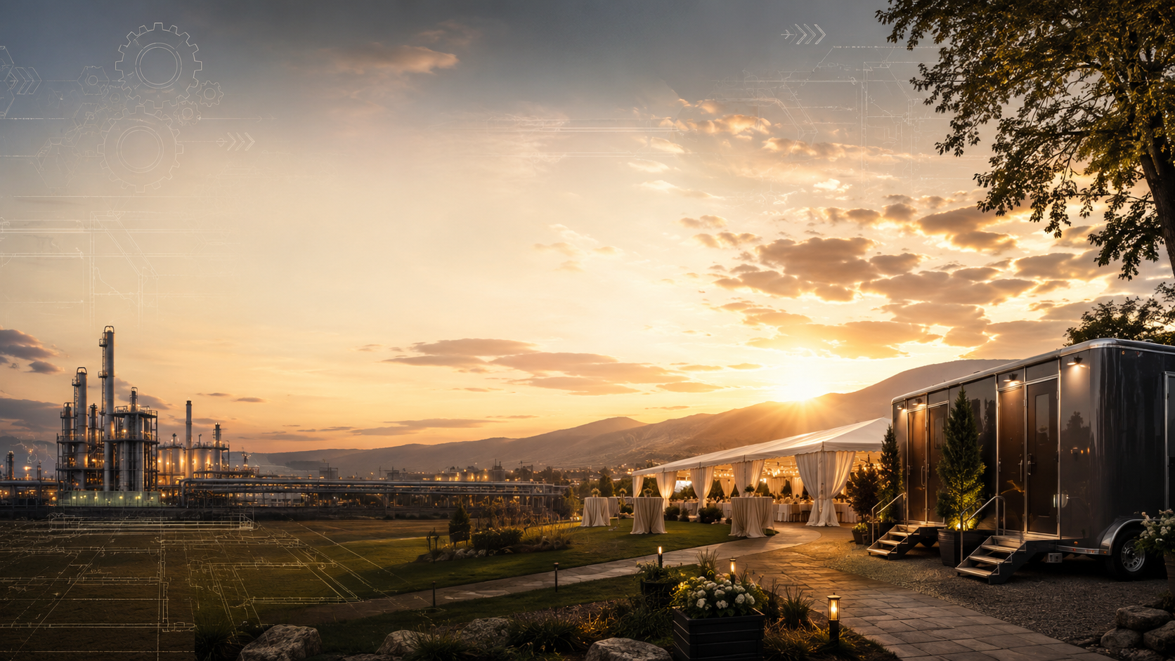 Sunset over an industrial plant with a decorated outdoor event space, including a large tent and a mobile trailer, surrounded by trees and mountains.
