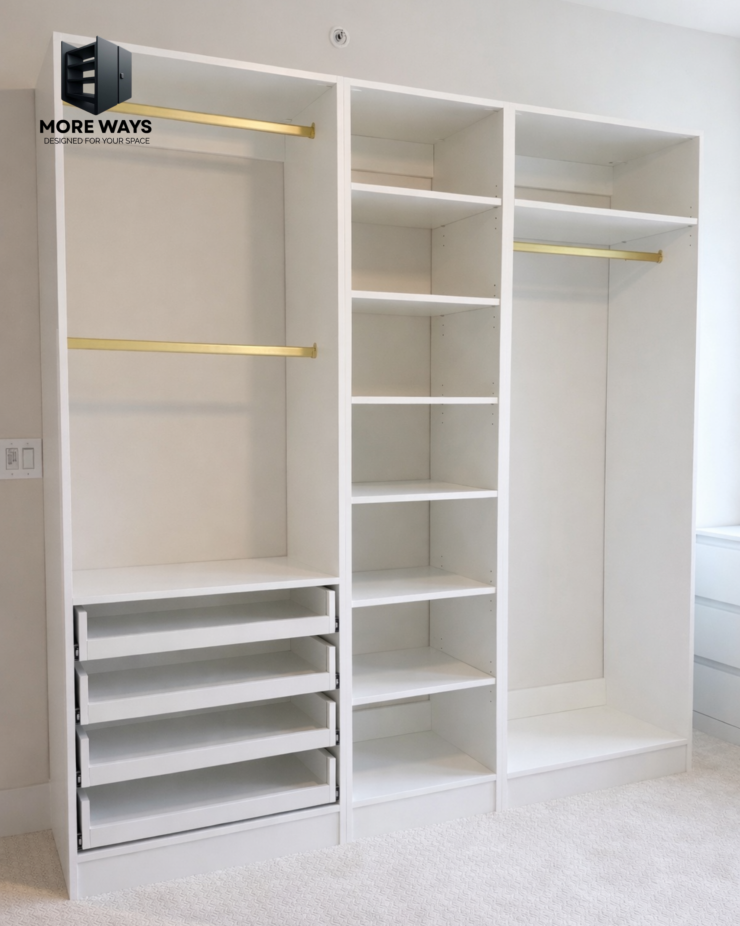 Custom closet with glass-front drawers