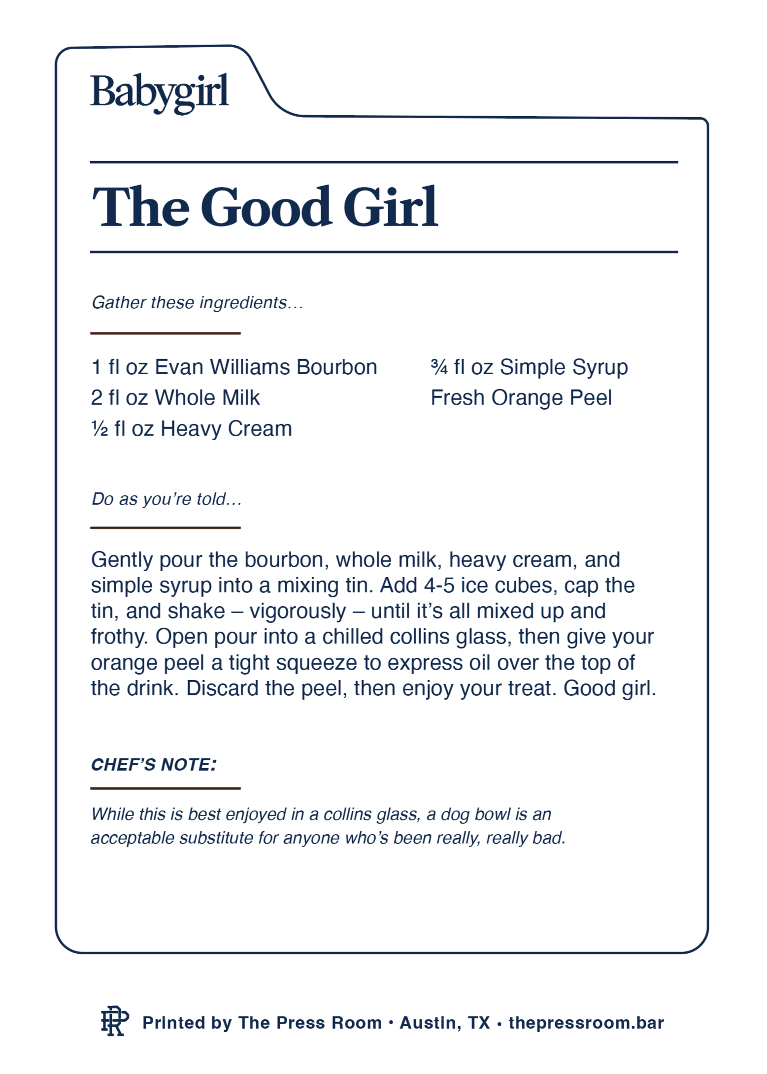 Recipe Card for BABYGIRL in collaboration with  A24 (Back)
