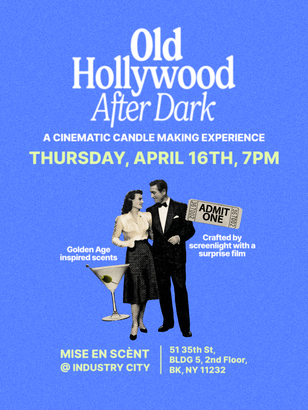 Event graphic for an Old Hollywood themed candle making class