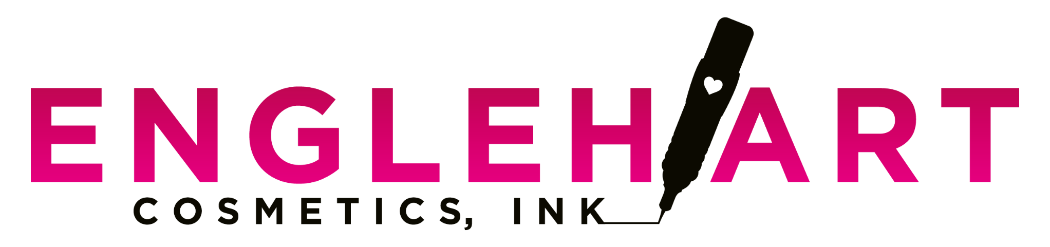 Logo for EngageHART Cosmetics, Ink, featuring the word 'ENGAGEHART' in bold pink letters with a black fountain pen graphic replacing the letter 'A' that has a small white heart on it, and 'COSMETICS, INK' in smaller black letters below.