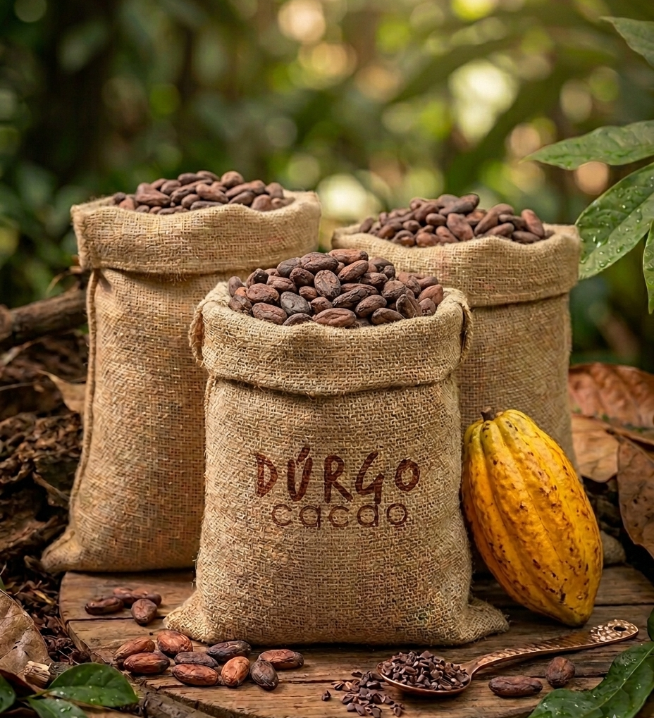 Tres sacos de cacao en un entorno natural con una fruta de cacao amarilla a un lado y hojas verdes alrededor, en territorio indigena de Costa Rica.