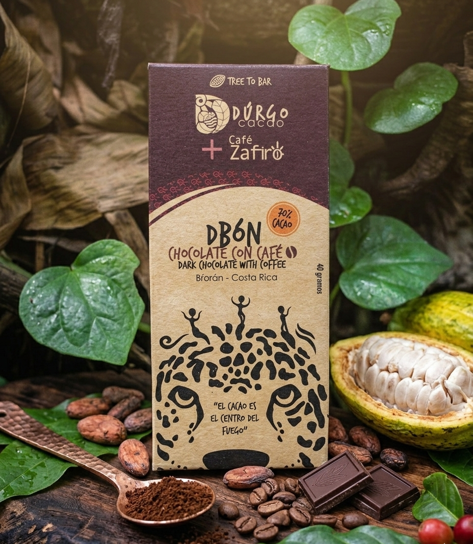 Paquete de chocolate oscuro con cacao de Costa Rica, rodeado de cacao, cacao en polvo, chocolate, hojas verdes y una fruta partida, en territorio indigena de Costa Rica..