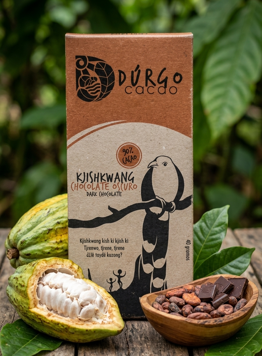 Caja de chocolate oscuro con cacao, junto a frutos de cacao abiertos y un plato con trozos de chocolate y granos de cacao en un entorno natural con hojas verdes en territorio indigena de Costa Rica.