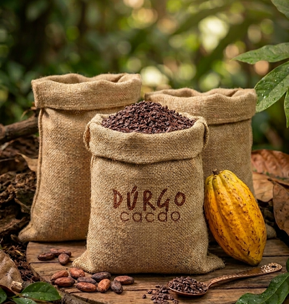 Tres sacos de yute llenos de semillas de cacao en un entorno natural con hojas verdes, un cacao pod amarillo y una cuchara con semillas de cacao, en territorio indigena de Costa Rica.