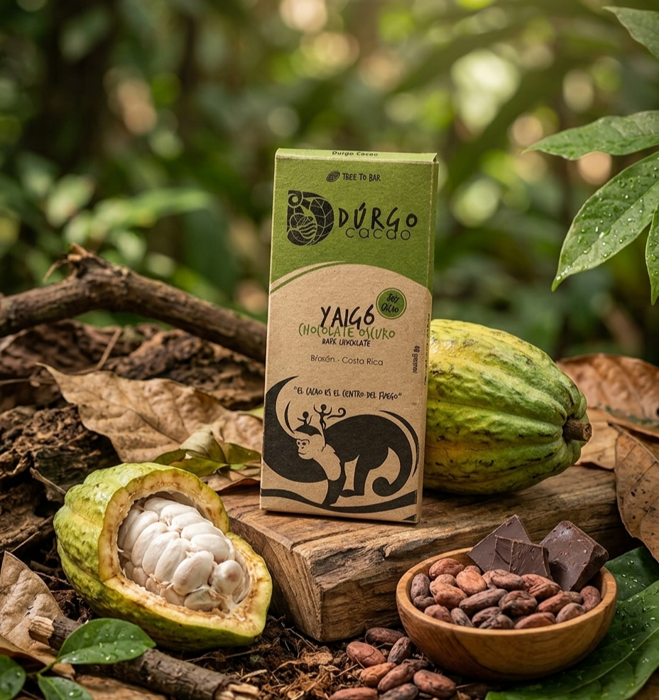 Cacao en grano, chocolate oscuro en trozos, y cacao en forma de fruta en un entorno de bosque con hojas y madera, en territorio indigena de Costa Rica.