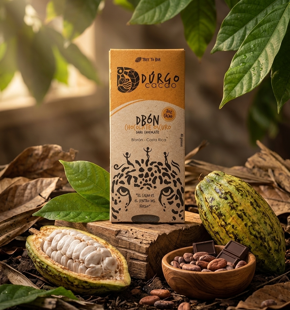 Caja de chocolate de cacao oscuro de Costa Rica, rodeada de hojas verdes, semillas y frutos de cacao, en un entorno natural con hojas secas.