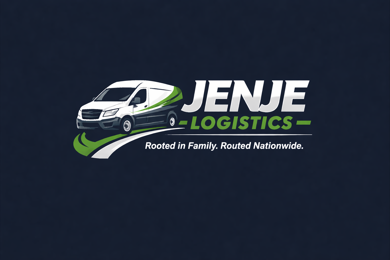 Logo for JENJE LOGISTICS featuring a white delivery van with green accents, a stylized road, and the tagline 'Rooted in Family. Routed Nationwide.'