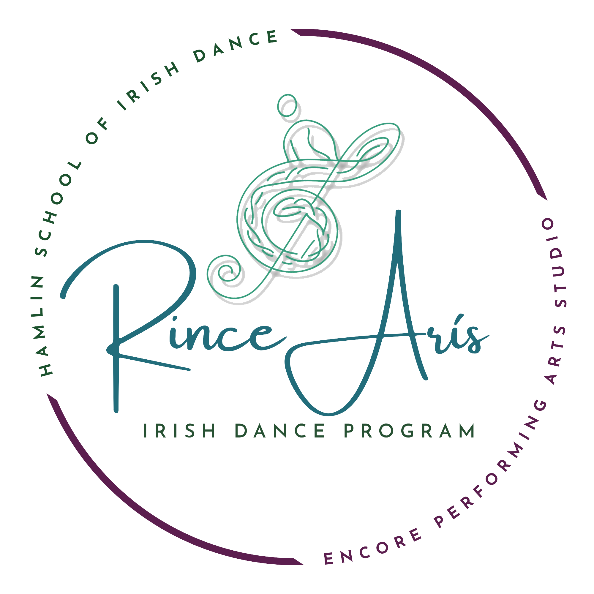 Logo for the Rince Arís Irish Dance Program offered through Encore Performing Arts studio in conjunction with Hamlin School of Irish Dance