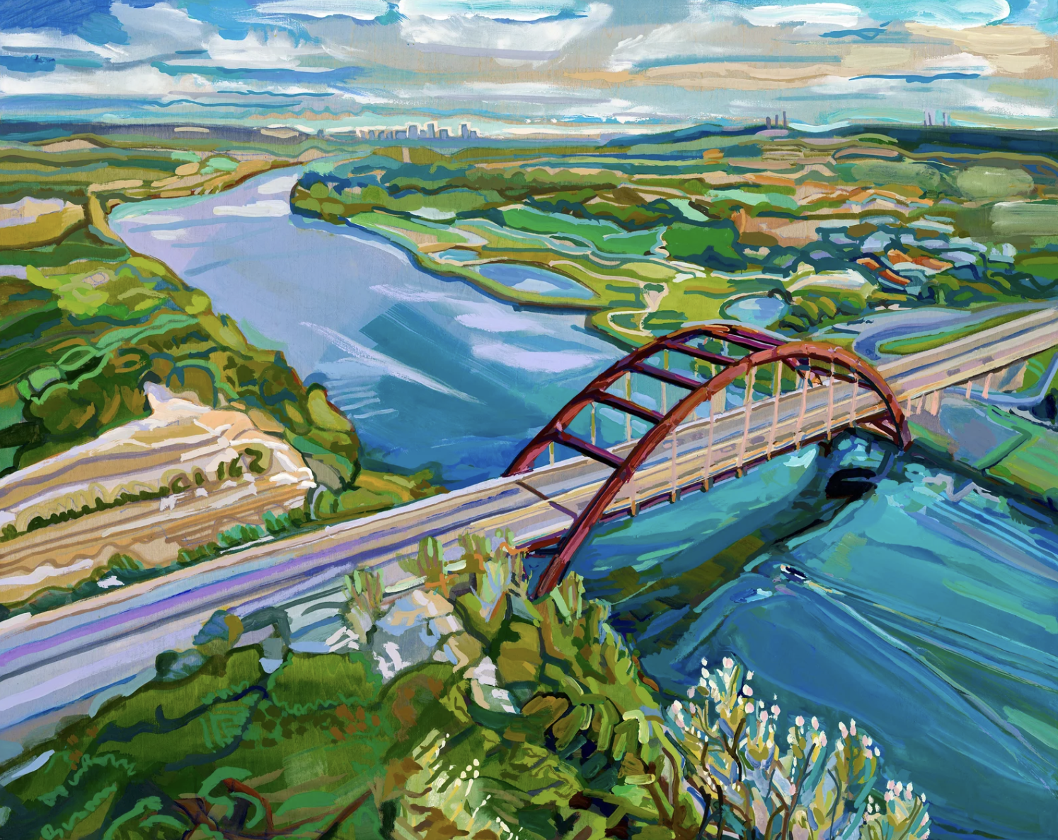 Painting of a river flowing through green landscape, with a red bridge called The Pennyback Bridge over the water, and the Austin hill country skyline in the distance under a cloudy sky.