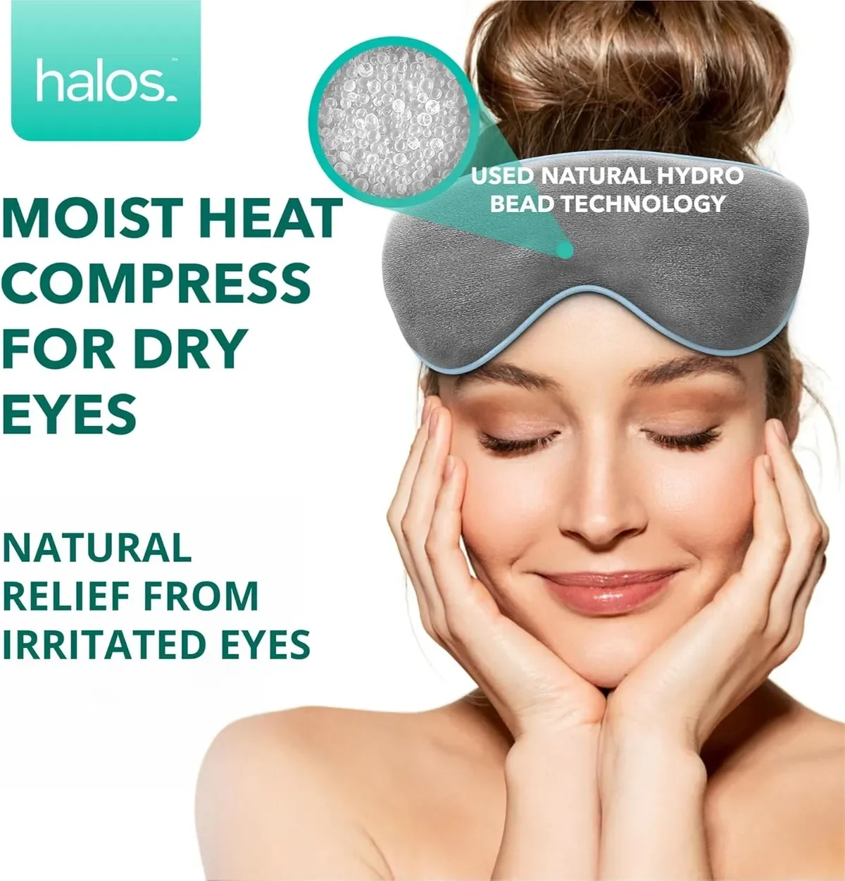 A woman with closed eyes smiling gently, wearing a sleep mask with a turquoise edge and a graphic indicating natural hydro bead technology for soothing and relieving irritated eyes, with the brand name 'halos' in the top left corner.