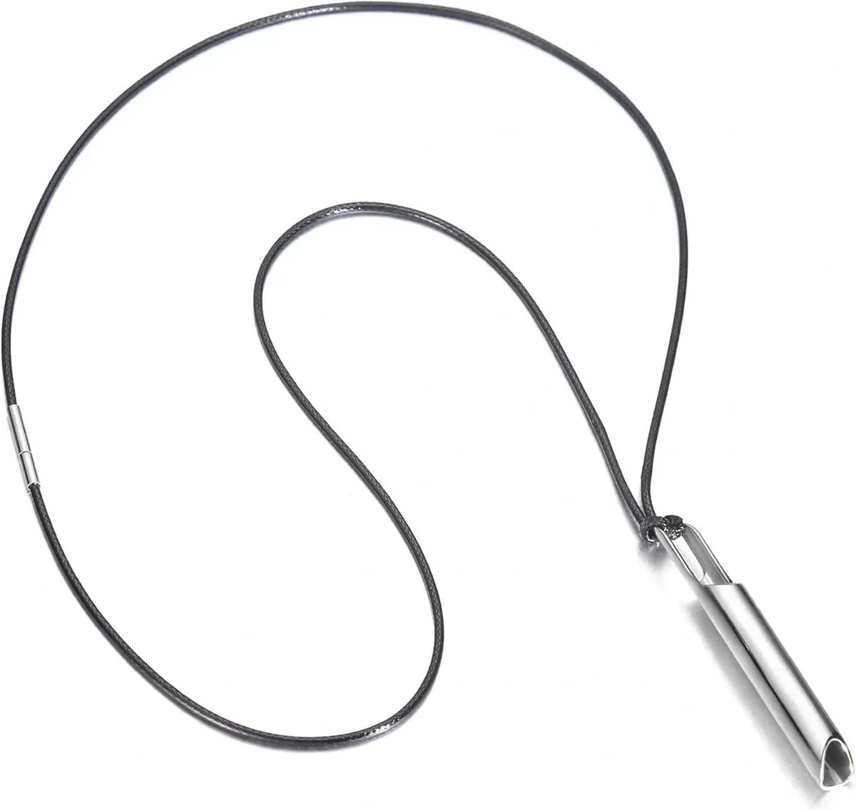 A metal whistle attached to a black lanyard, isolated on a white background.