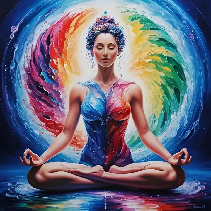 A woman with multicolored paint on her body sitting cross-legged in a meditation pose, with a swirling rainbow background.
