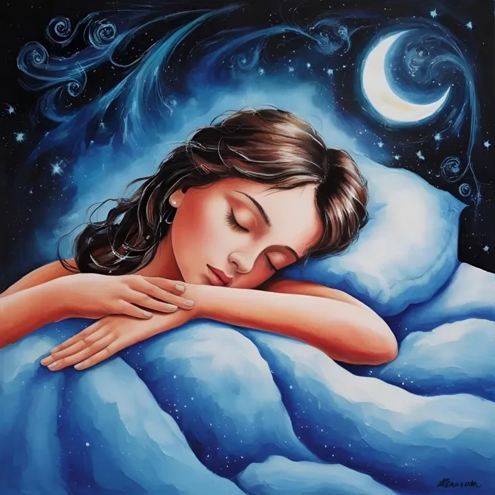 An illustration of a woman sleeping peacefully on a bed of clouds, with a night sky featuring a crescent moon and stars behind her.