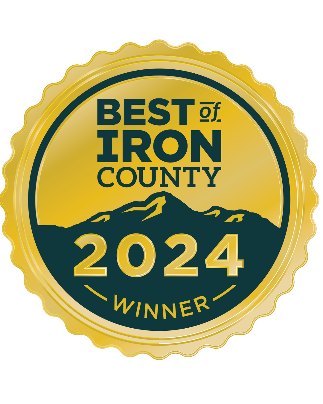Gold medal badge with mountain graphic stating "Best of Iron County 2024 Winner".