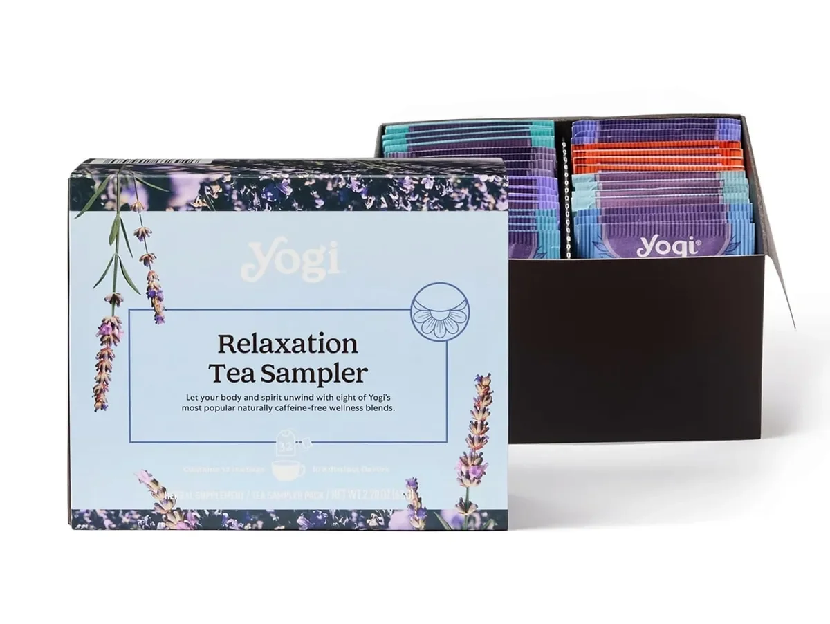 Box of Yogi Relaxation Tea Sampler with colorful tea sachets inside.