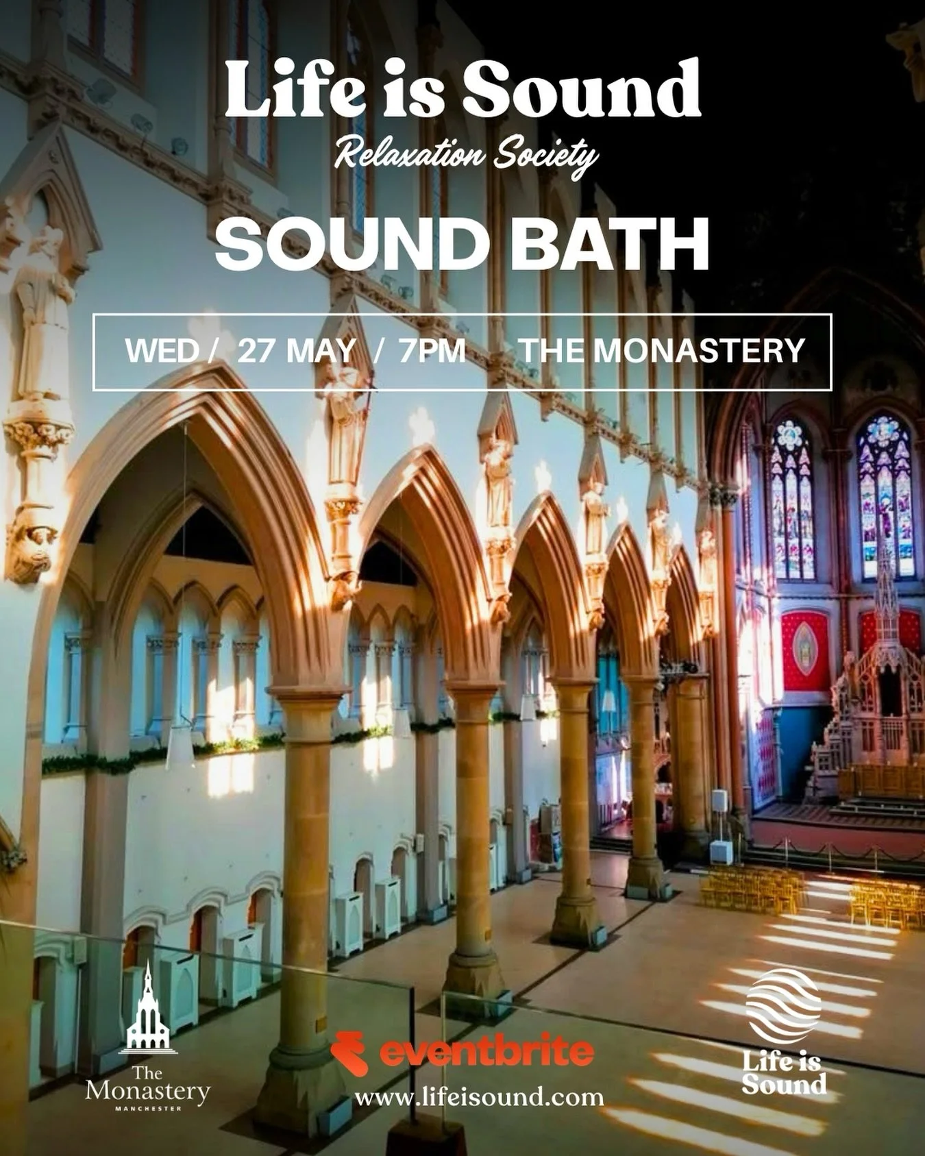 Next Wednesday 27th May we arrive @themonasterymcr for the very first time.

So far 112 of you have said yes to being a part of what is set to be another beautiful Life Is Sound gathering.

Phones off, switch off, lay back and relax. 

The Nave at Th