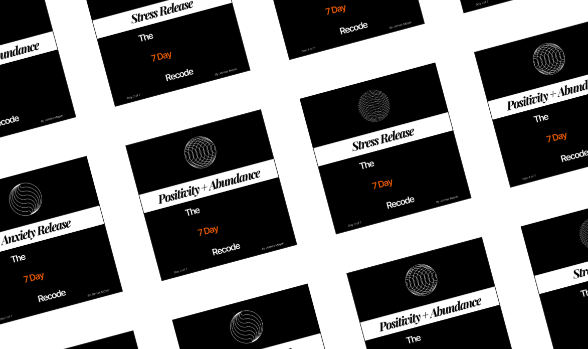 Multiple black and white cards with titles like "Stress Release", "Anxiety Release", and "Positivity + Abundance" arranged in a pattern. Each card mentions a 7-day program by James Mayer.