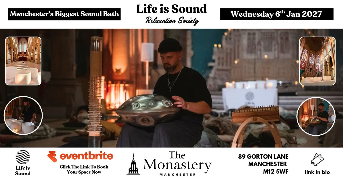 James Mayer playing the handpan at a Life Is Sound sound bath at The Monastery Manchester, with candlelight and guests relaxing beneath the historic architecture. Promoting the New Year sound bath experience in January 2027.