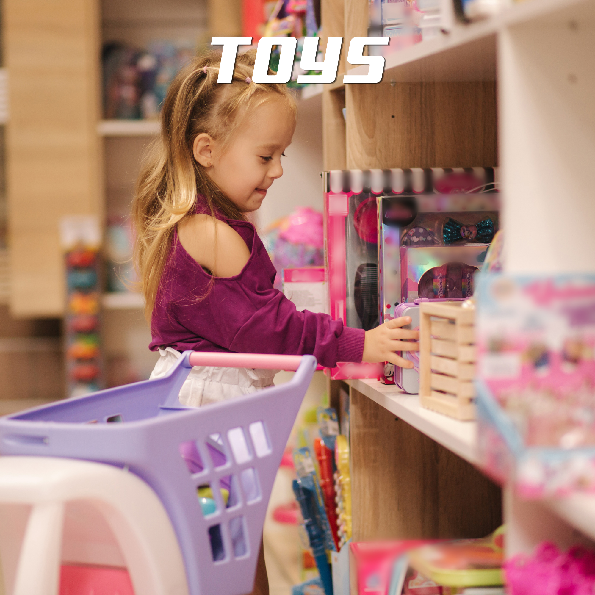 A young girl shopping for toys in a store aisle, with toy shelves on the right and a purple shopping basket in the foreground.