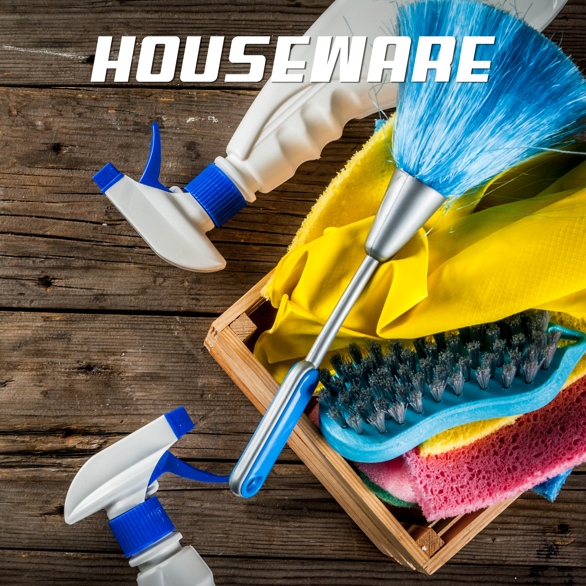 Cleaning supplies including spray bottle, scrub brushes, sponges, and gloves on a wooden surface.