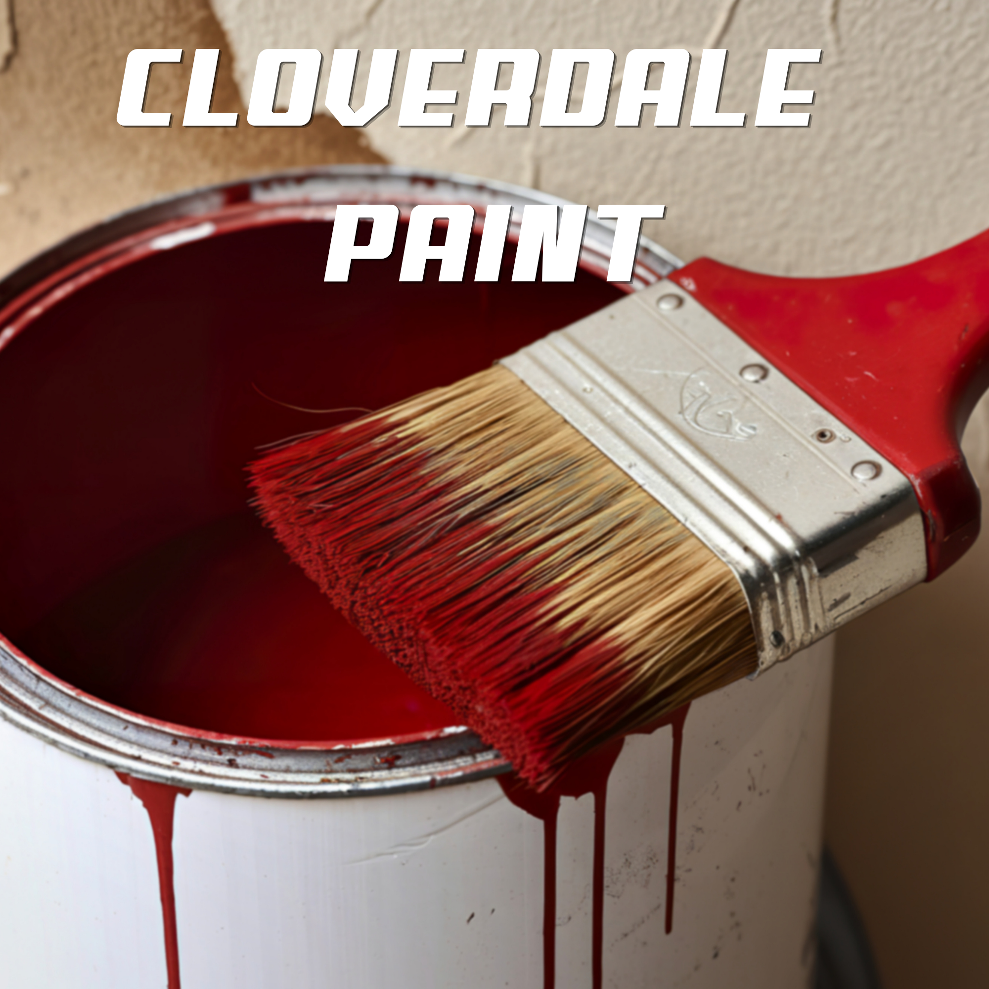 A red paint can with its lid slightly open, showing red paint inside, sitting on a white surface with red paint dripping from the can's edge and spilling onto the surface.