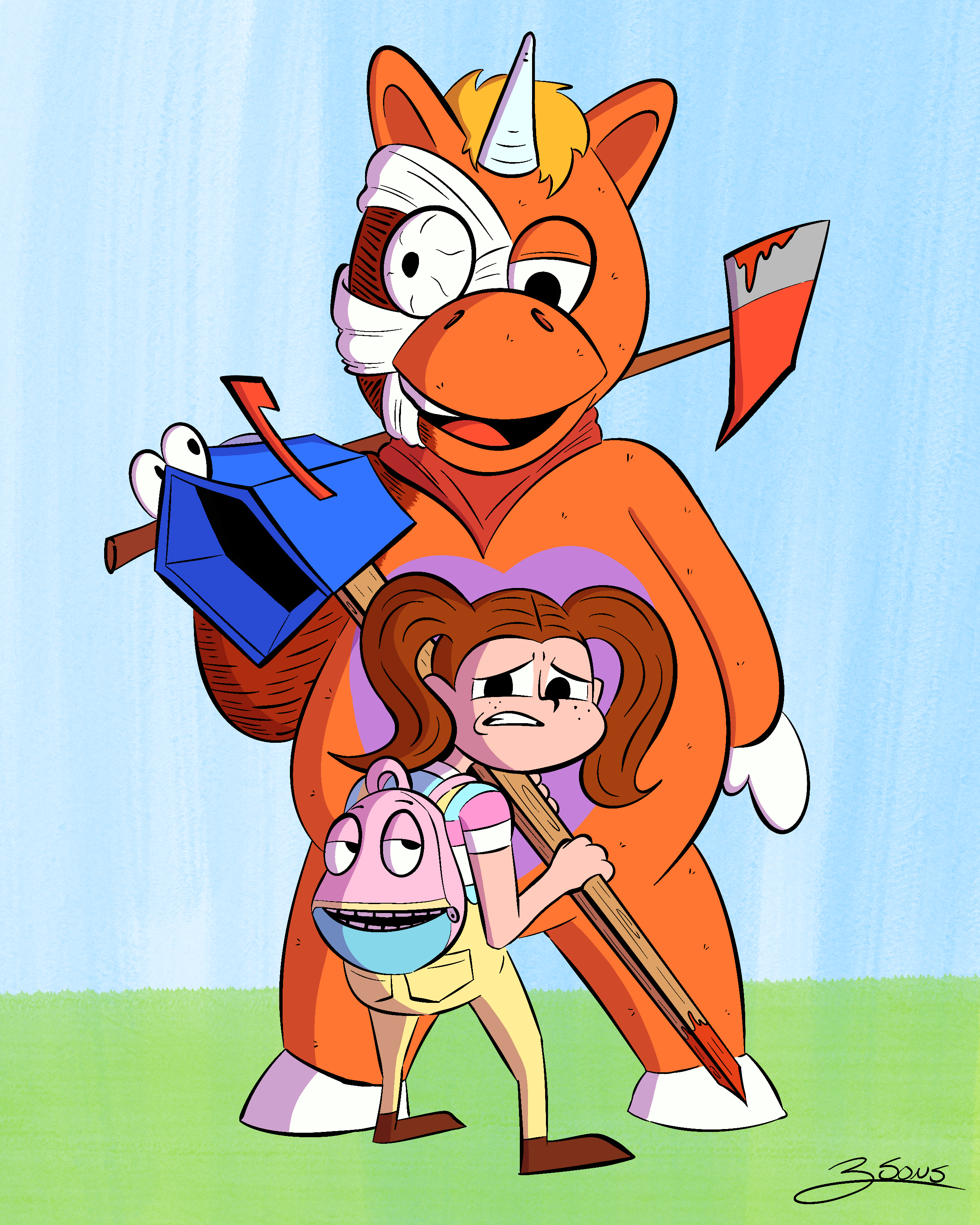 Cartoon Illustration of Buddy the Unicorn, Freddy, Mr. Mailbox, and Strappy from the horror movie Buddy (2026)