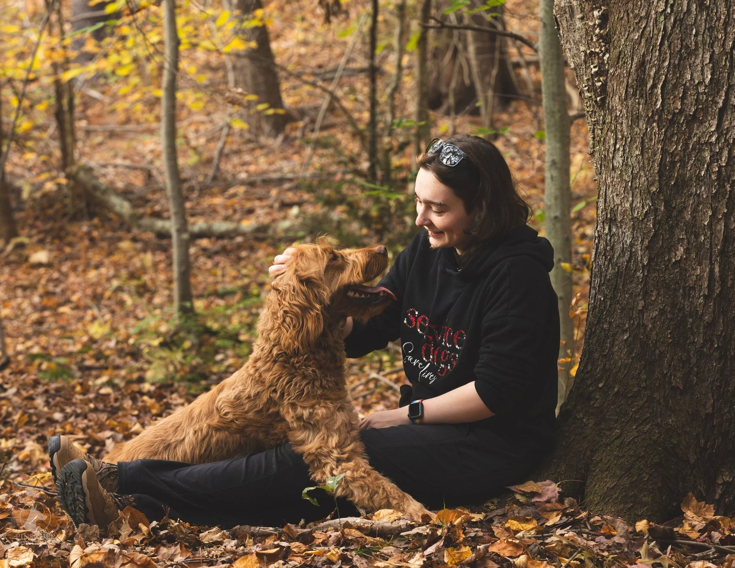A smiling non-binary person sitting on the ground in a forest with fallen autumn leaves, petting a dog that is a poodle mix.