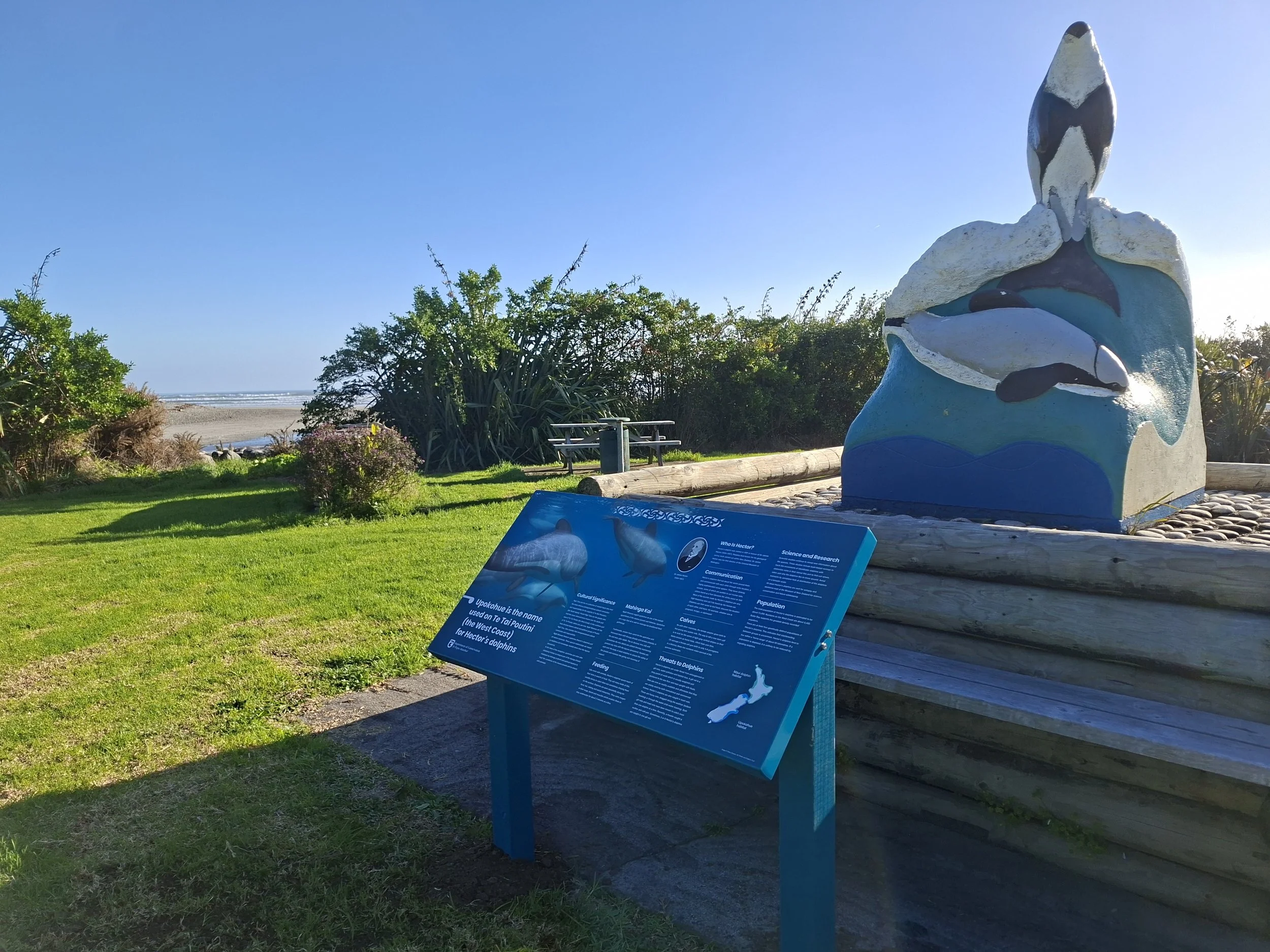 A painted sculpture of a dolphin jumping out of the water near the beach, with an informational blue sign in front and lush green bushes and trees in the background under a bright blue sky.