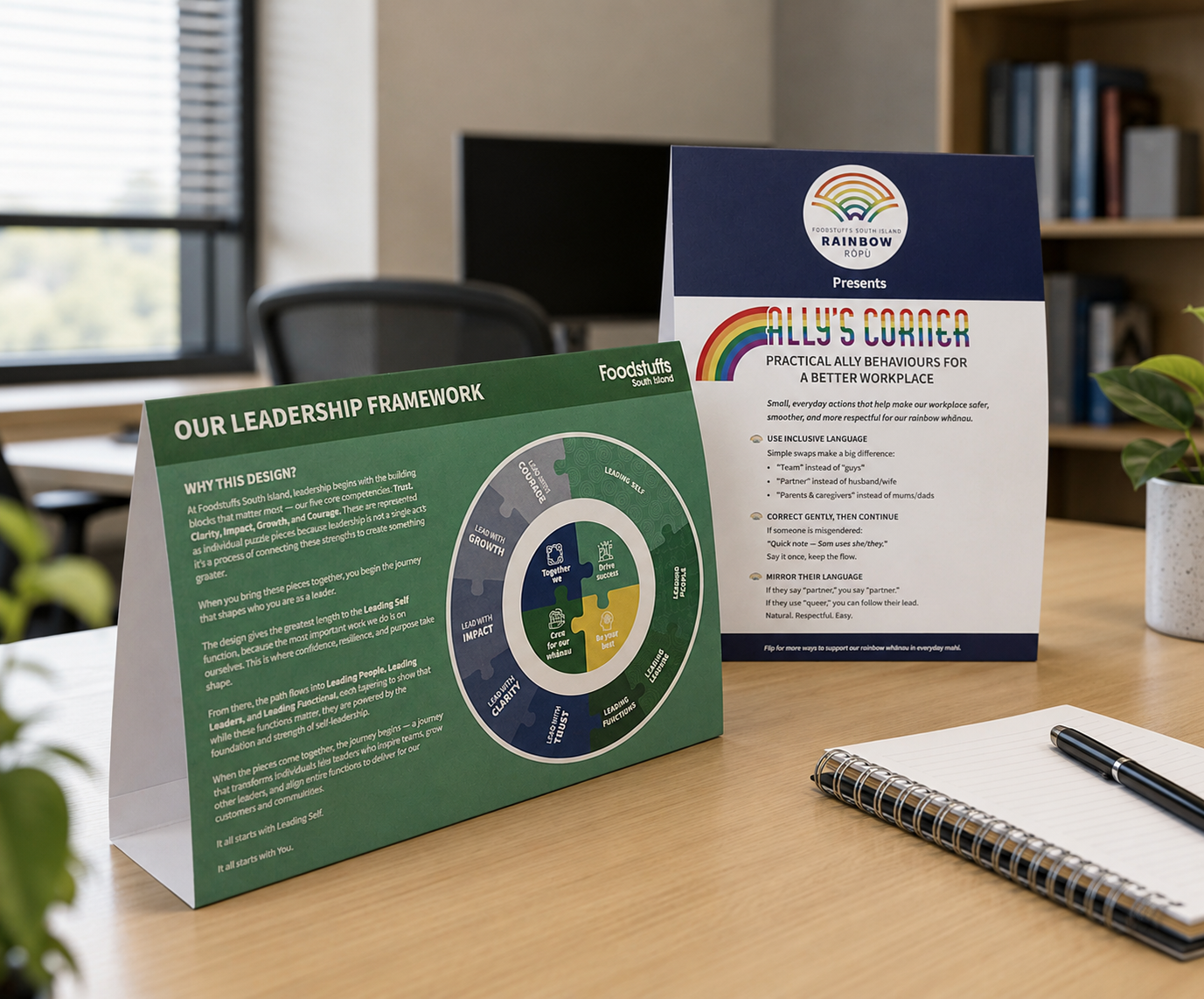 Two printed informational sheets on a wooden table, one titled 'Our Leadership Framework' and the other 'Ally's Corner: Practically Ally Behaviours for a Better Workplace,' with a notebook and pen nearby. In the background, an office environment with
