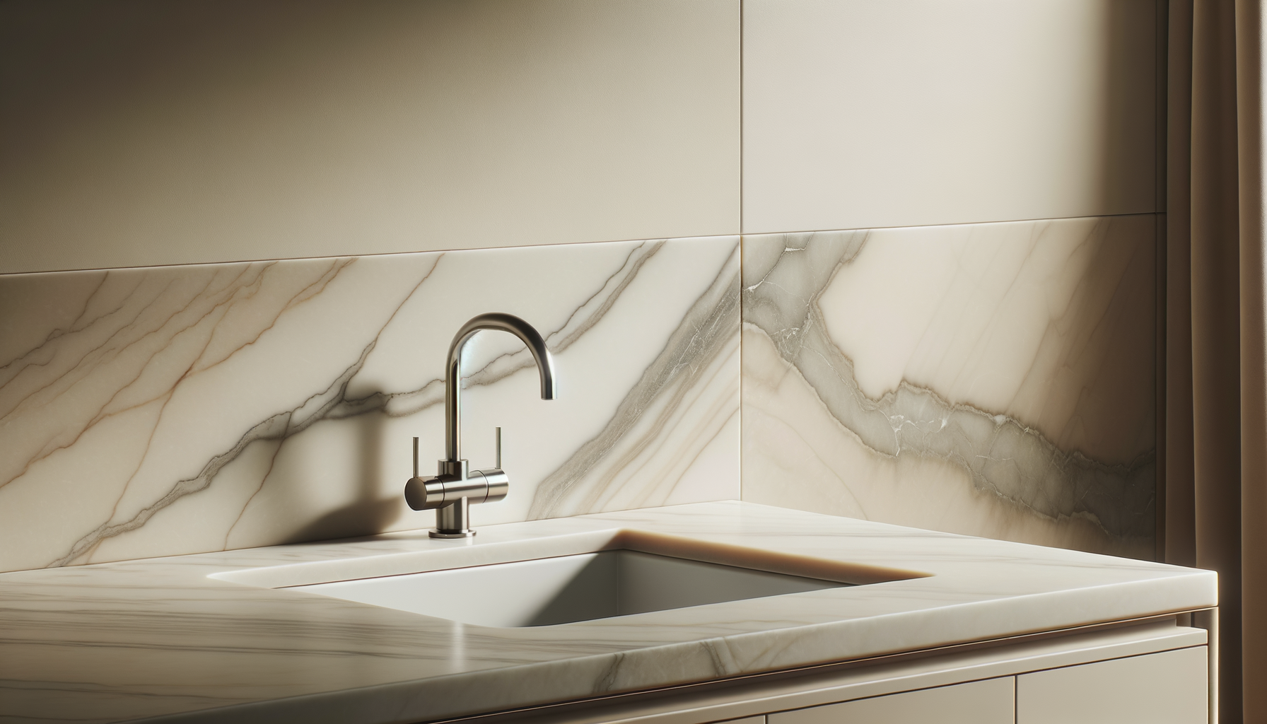 Elegant kitchen sink with marble countertop and backsplash, modern silver faucet, beige wall, and a curtain on the right side.