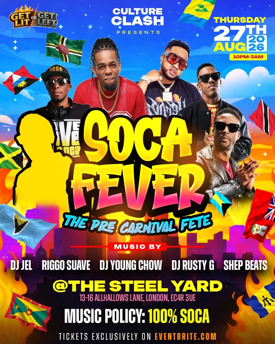 ATTENTION CARNIVAL LOVERS 🇹🇹🇧🇧🇬🇩🇻🇨

SOCA FEVER IS HERE 🥳

THE OFFICIAL PRE CARNIVAL FETE ‼️

FT

 @djyoungchow 
 @riggo2dworld 
@jelinthemix 
 @djrustyg 
 @djshepbeats 

GET YOUR TICKETS NOW !!!

https://www.eventbrite.co.uk/e/1988856892504?