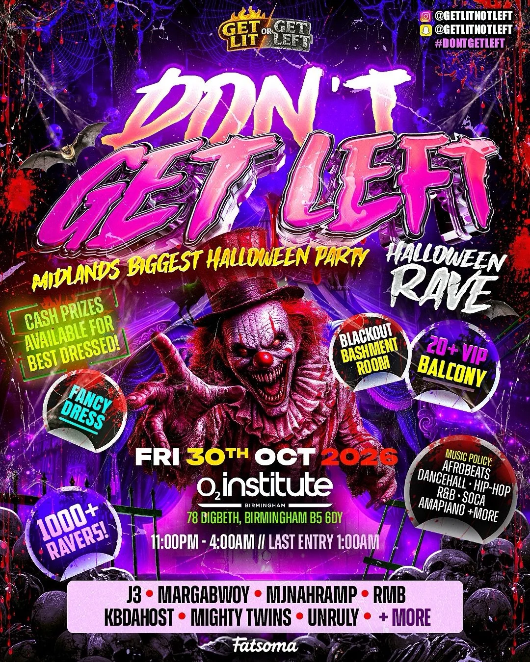 🎃 GET LIT HALLOWEEN RAVE &mdash; MIDLANDS 🎃

The lineup has just dropped! After selling out our Halloween events for the last two years, we&rsquo;re back at O2 Institute Birmingham for one huge Halloween rave. 👻🔥

📍 O2 Institute Birmingham
📅 Fr