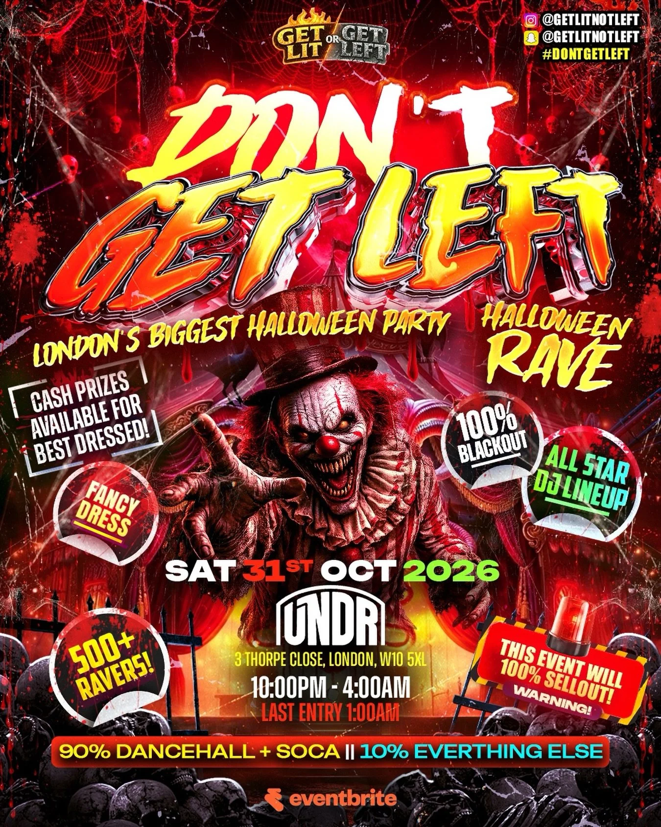 🎃 LONDON&hellip; HALLOWEEN IS ABOUT TO GET DARK. 🎃

After selling out our Halloween events for the last TWO YEARS, we&rsquo;re bringing DON&rsquo;T GET LEFT to London. 👻🇬🇧

📍 LONDON &mdash; SATURDAY 31ST OCTOBER
UNDR LONDON | 10PM&ndash;4AM

Th