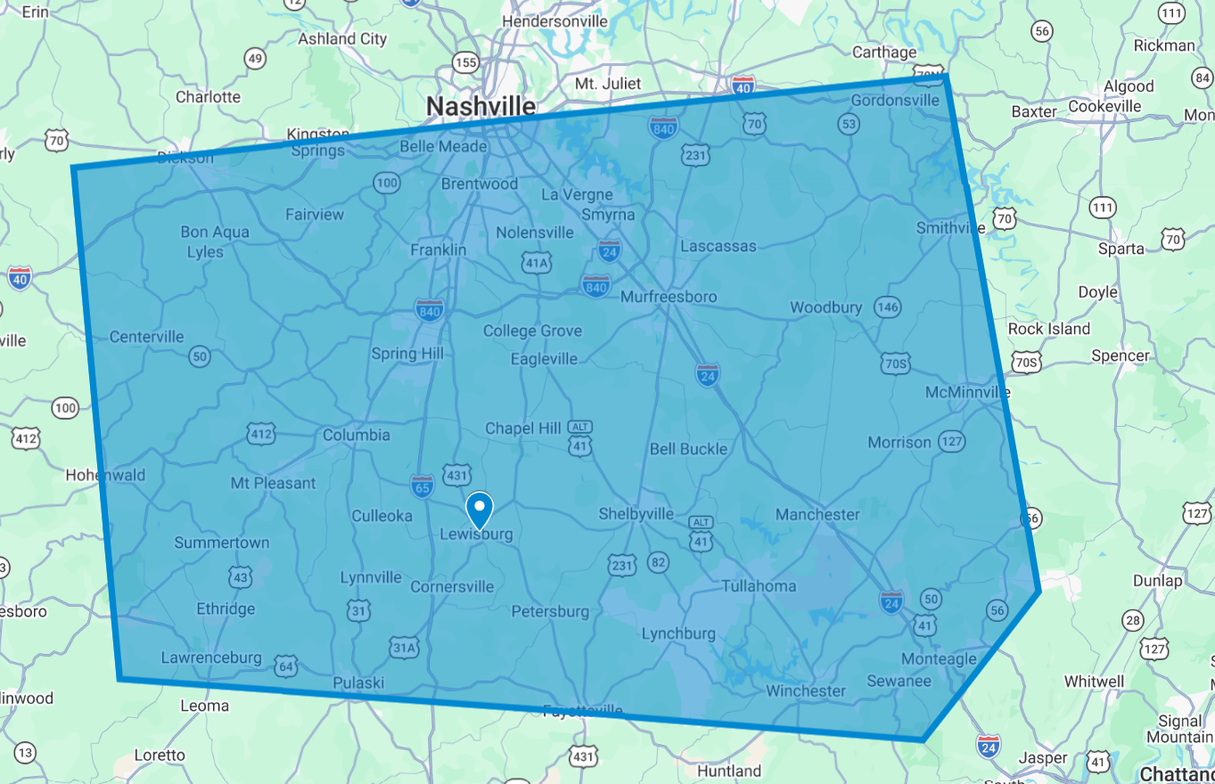 Map highlighting the city of Lewisburg, Tennessee, and surrounding areas within a blue shaded region.