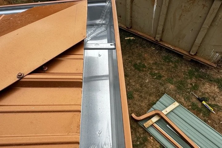 Close-up of an clean aluminum seamless gutter connected to a copper metal roof panel with metal and trim materials on the ground below