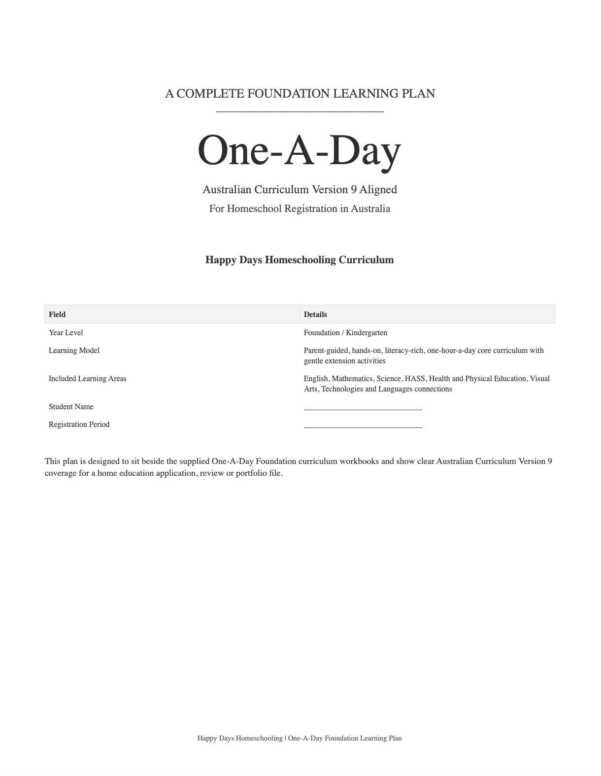 One-A-Day Foundation Homeschool Learning Plan PDF & Editable (Australian Curriculum v9 Aligned)