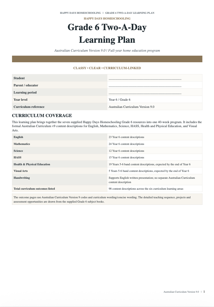 Grade 6 Two-A-Day Homeschool Learning Plan PDF & Editable (Australian Curriculum v9 Aligned)