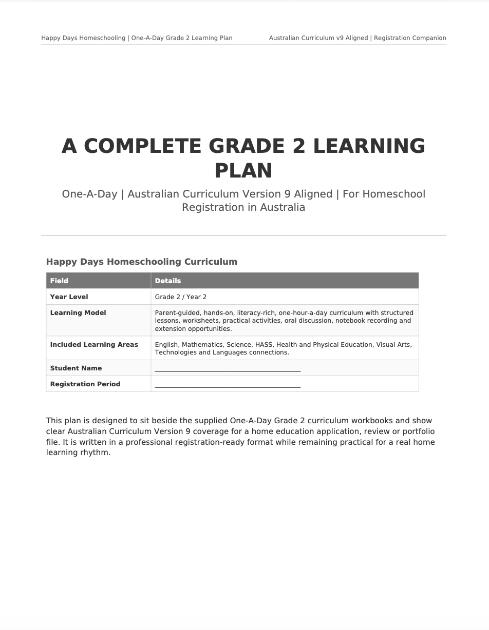 One-A-Day Grade 2 Homeschool Learning Plan PDF & Editable (Australian Curriculum v9 Aligned)