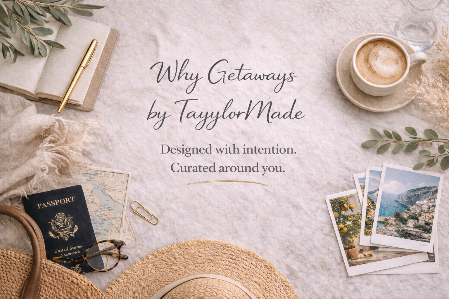 A flat lay of travel-themed items including a passport, photos of coastal scenery, a cup of coffee, a notebook with a pen, sunglasses, a woven bag, leafy sprigs, a glass of water, and a straw hat placed on a soft textured surface with text overlay about travel experiences.