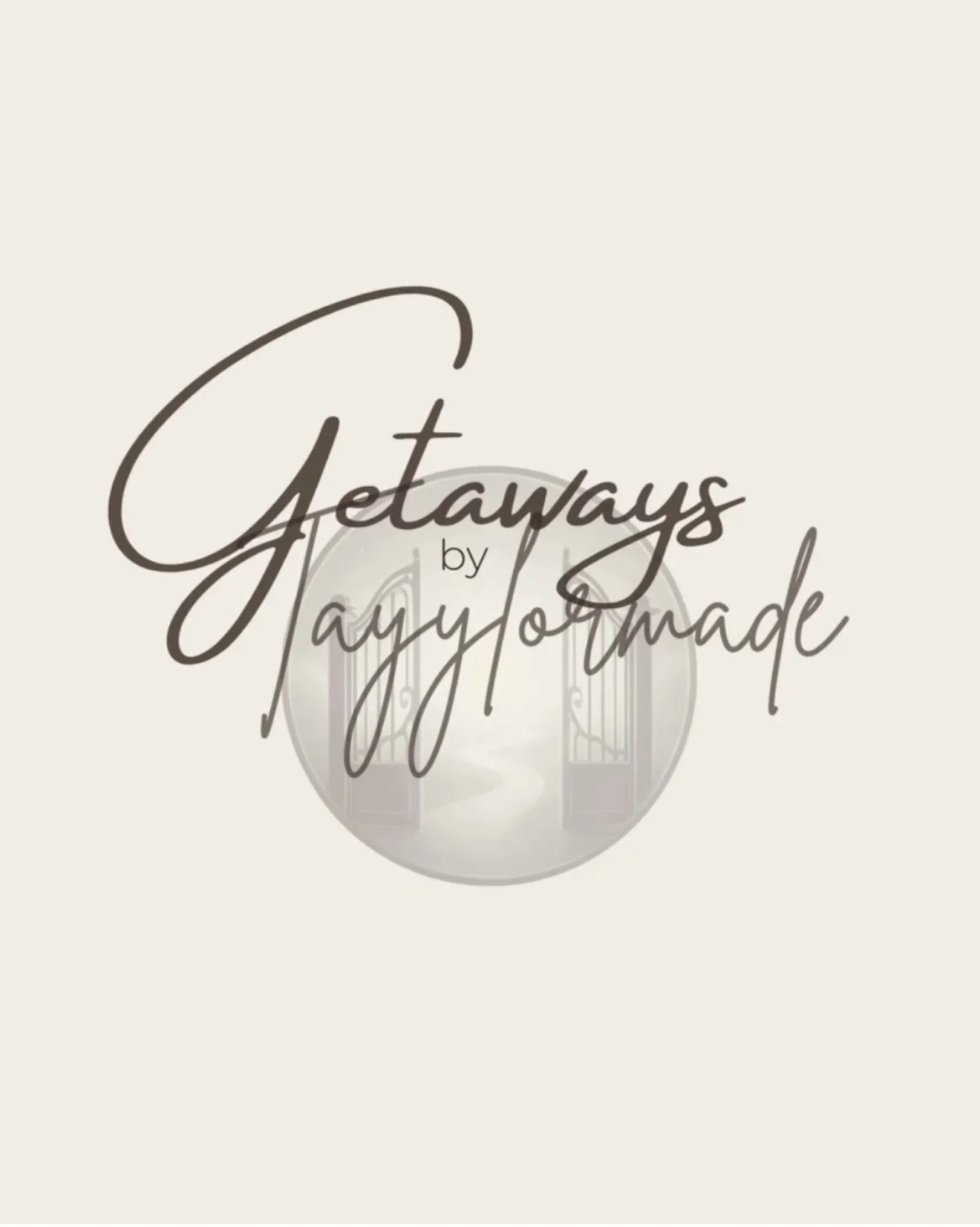 Logo with the text "Getaways by Jay O'Made" over a circular background of an open gate leading to a misty pathway.
