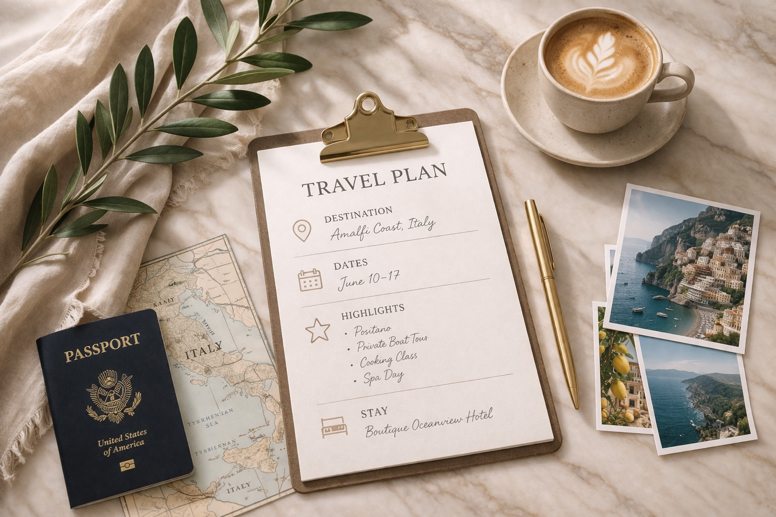 A travel planning setup on a marble surface, including a clipboard with a travel plan for Amalfi Coast, Italy, June 10-17, a gold pen, a cup of coffee with latte art, a United States passport, a map of Italy, several photographs of coastal scenery, and some green leaves on a beige cloth.