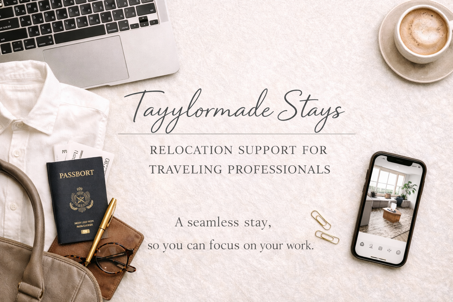 A flat lay of travel and work essentials including a laptop, white shirt, passport with boarding passes, a gold pen, glasses, a beige purse, a cup of coffee, and a smartphone displaying a cozy living room, with text reading "Tayylormade Stays: Relocation support for traveling professionals" and a message about seamless stays for work focus.
